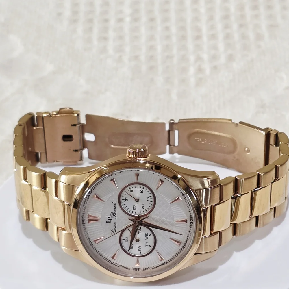 Lucien Piccard STELLAR Men's Wrist Watch Day Date Sub-Dials Rose Gold Pink